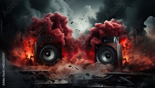 red and black sound speakers on a background with smoke and red