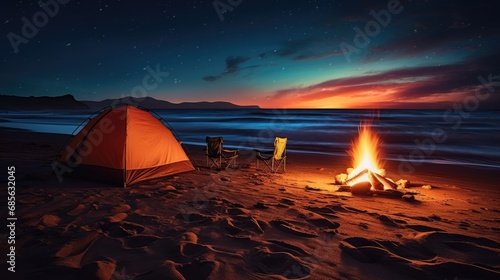 A tent pitched on a remote beach photo realistic illustration - Generative AI.