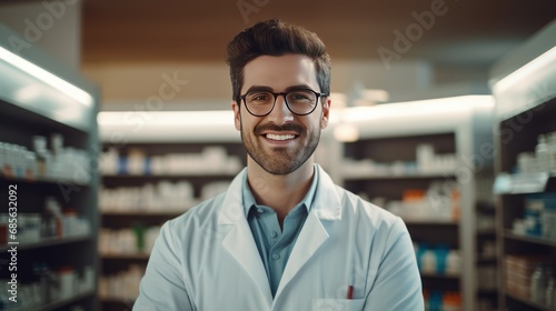 Pharmacist/pharmacist standing at medicine counter