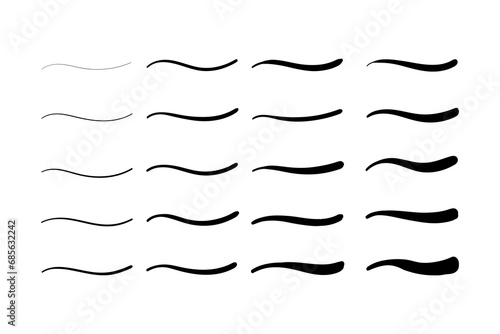 Set of Swoosh and swoops underline typography tail shapes. Brush drawn thick curved smear. Hand drawn curly swish, swash, squiggle, twiddle. Vector calligraphy doodle swirl. Vector