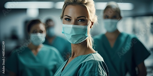 dental assistants wear medical protective masks in a doctors office photo