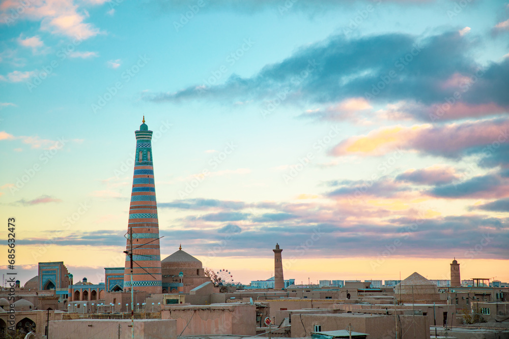 a beautiful historical structure in the evening time inside the Fortress, Khiva, the Khoresm agricultural oasis, Citadel.