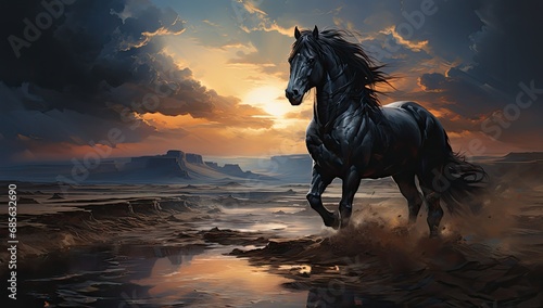 horse on sand with sunset background