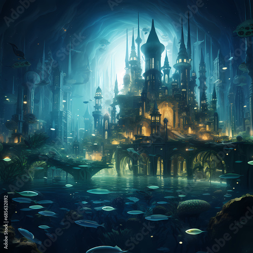 otherworldly cityscape beneath the surface of a tranquil underwater world. © Cao