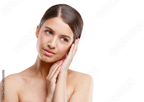 Skincare touch, natural beauty and woman isolated on a transparent png background. Cosmetics, hands and serious person in facial treatment, healthy aesthetic and smooth skin, dermatology and wellness