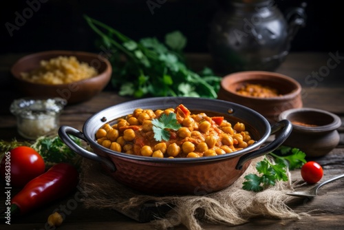 Indian channa masala pan. Vegan traditional curry chickpea dish. Generate ai