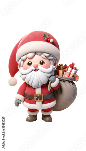 3D illustrations of a cute Santa Claus in full body view, carrying a bag of gifts