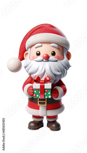 3D illustrations of a cute Santa Claus in full body view, holding a gift box