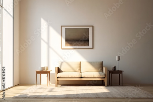 Decoration for living room mix of italian and roman, Large blank frame on wall, White and ivory colors, sunlight ray from window,
