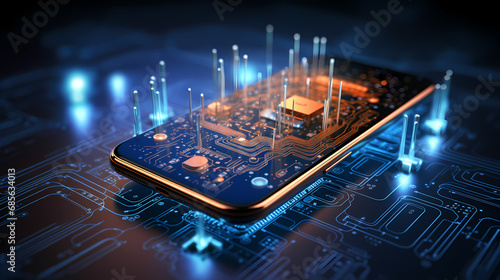 A Cellphone Circuit Motherboard Mockup with Abstract Technology Background
