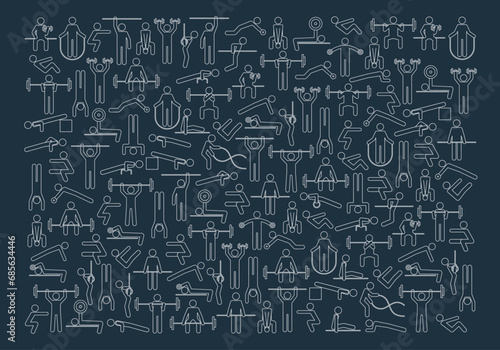 Background from workout, athletic, gym, fitness, calisthenics training exercises icons. Sport symbols. Stylized people making sports in gymnasium. Isolated simple vector illustration