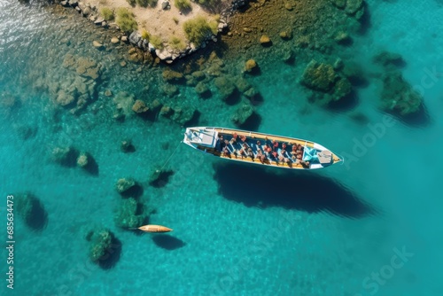 Aerial view of boat on turquoise sea water in Greece, Aerial view of red car on the road in the green forest, Aerial view of a red car with a roof rack, AI Generated