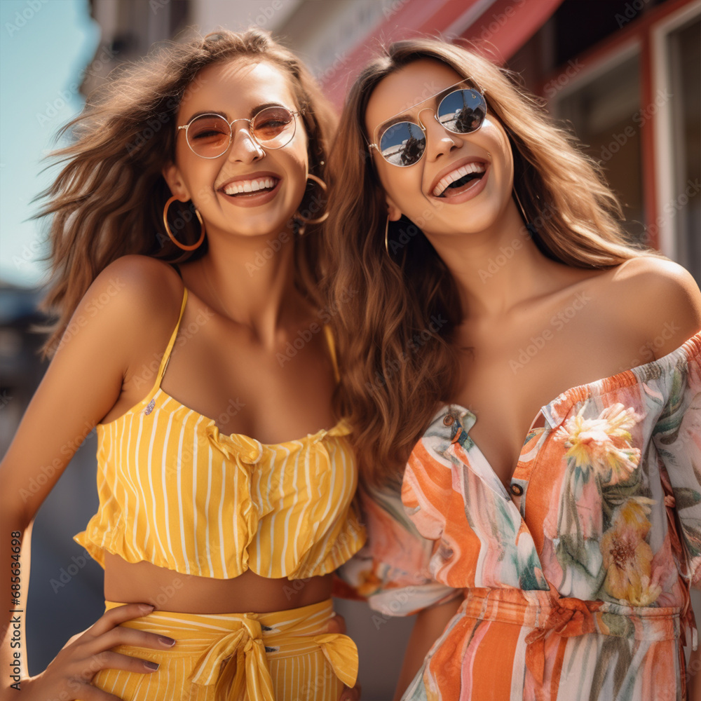 Obraz premium Two young beautiful smiling brunette female in trendy summer clothes, ai technology