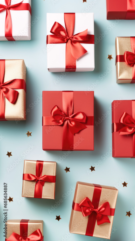 gift boxes arranged on a light blue vertical background