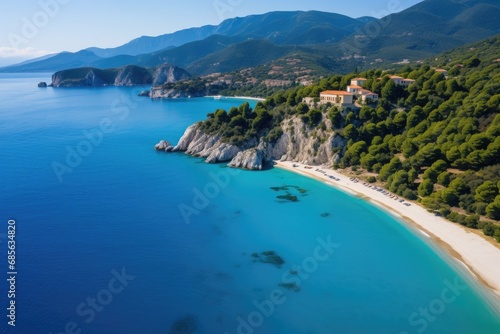 Aerial view of beautiful beach in Kefalonia, Greece, An aerial flight with a drone over the famous beach of Kavalikefta on the island of Lefkada in the Ionian Sea in Greece, AI Generated photo