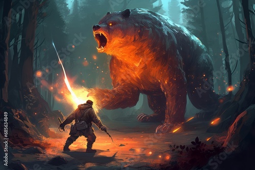 Man fight flame bear. Warrior confronts giant and dangerous creature. Generate AI