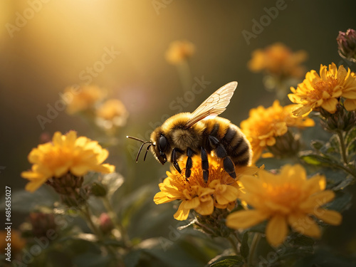 a lone bumblebee (close-up) takes flight Ai generated Background