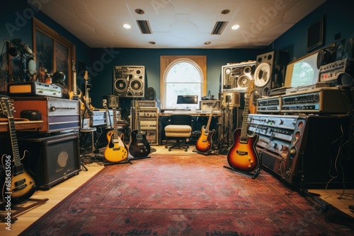 Vintage music studio interior with guitar, amplifier, speakers and vinyl records, An indoor recording studio with guitars, amps, and pianos, AI Generated photo
