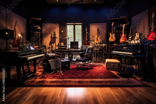 Musical instruments in a music studio. Musical instruments in the room, An indoor recording studio with guitars, amps, and pianos, AI Generated