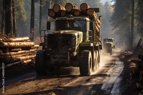  Green logging truck full with logs driving on a dirt road in the woods. Fog in the background. photo