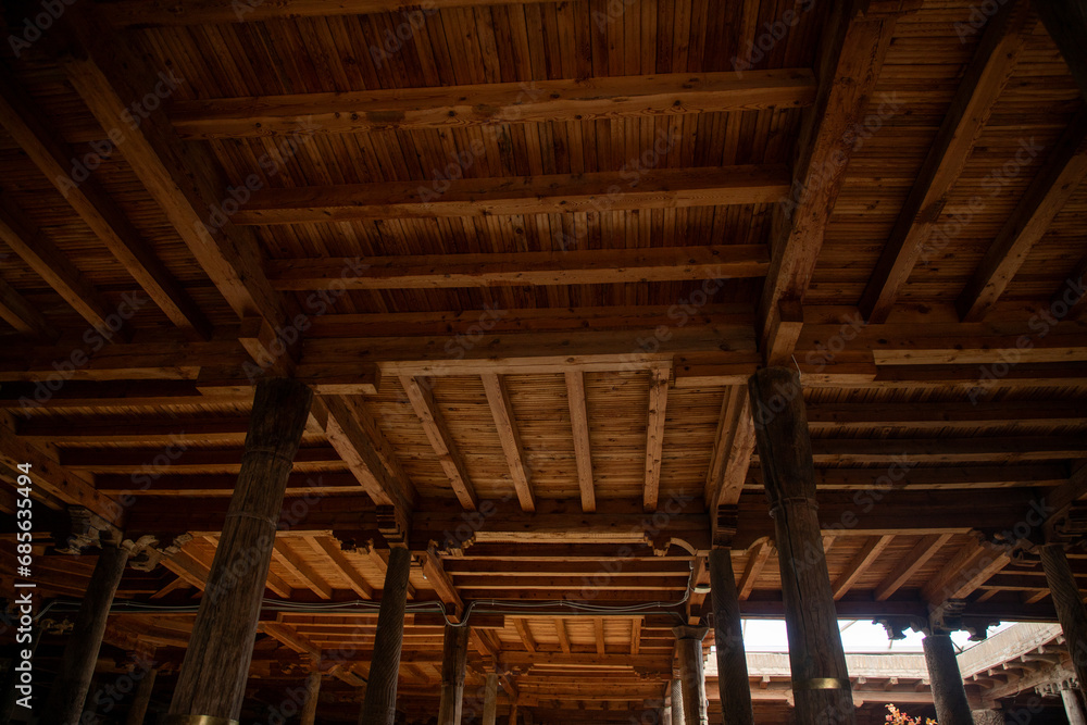 fully wooden made roofs and beams in a historical place, Khiva, the Khoresm agricultural oasis, Citadel.