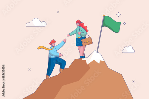 Teamwork concept. Support and collaboration to achieve target, cooperation, team help each other to success in job. Businessman holding hand helping team colleagues climbing to reach business goal.