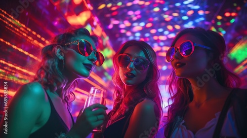 Three women at techno disco with colored neon lights at night