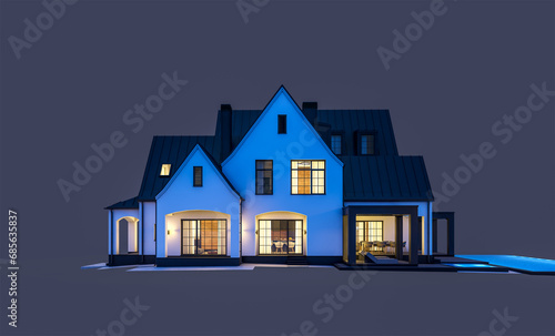 3d rendering of cute cozy white and black modern Tudor style house with parking and pool for sale or rent with beautiful landscaping. Fairy roofs. In the night Isolated on black