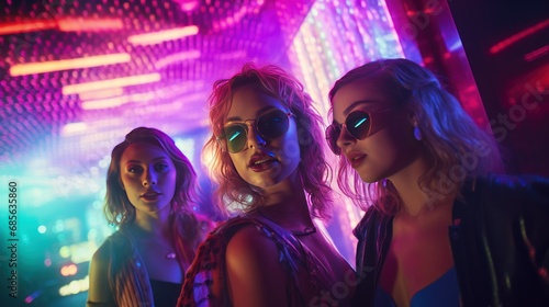 Three women at techno disco with colored neon lights at night