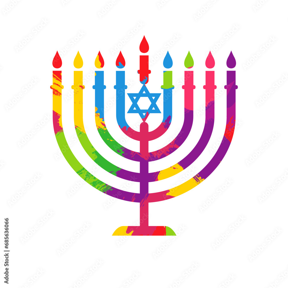 Drawn style hanukkah menorah. Happy Hanukkah Jewish festival of lights, menorah candle icon with colored ink blots texture. Vector illustration Drawn style hanukkah menorah. Happy Hanukkah Jewish festival of lights, menorah candle icon with colored ink blots texture. Vector illustration