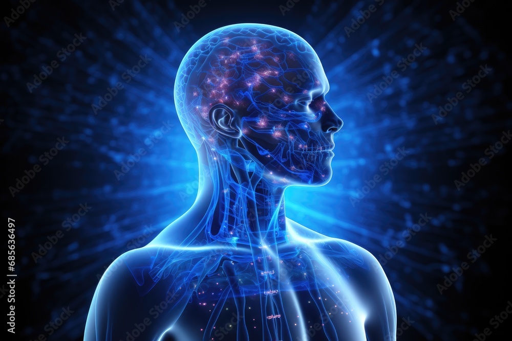 Digital illustration of human body anatomy in colour background. 3D rendering, Anatomy of male brain pain with pain in all joints in blue, 3D hologram, AI Generated Digital illustration of human body anatomy in colour background. 3D rendering, Anatomy of male brain pain with pain in all joints in blue, 3D hologram, AI Generated