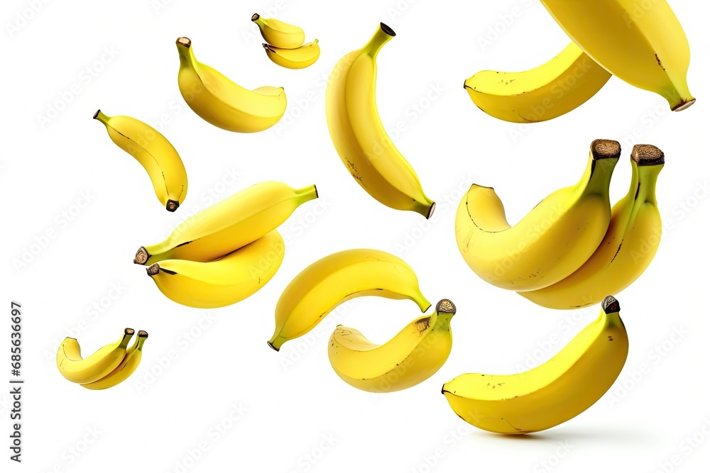 Bananas taking flight and floating isolated on a crisp white background, showcasing their dynamic movement and creating a whimsical and playful scene.