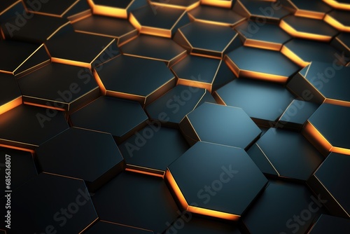 Abstract 3d rendering of hexagon background. Dark and golden glowing hexagons, Abstract hexagonal geometric ultra-wide background, Structure of lots of hexagons of carbon fiber, AI Generated