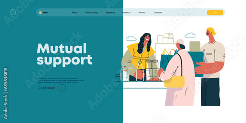 Mutual Support: Bringing groceries to food bank -modern flat vector concept illustration of people donating food to food pantry A metaphor of voluntary, collaborative exchanges of resource, services