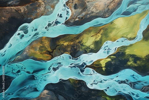 Abstract background of acrylic paint in blue and yellow colors. Liquid marble texture, Aerial view from above on a green and blue glacier river stream in South Iceland, AI Generated