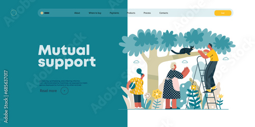 Mutual Support: Rescue cat from tree -modern flat vector concept illustration of elderly woman and man on a ladder under the tree Metaphor of voluntary, collaborative exchanges of resource, services
