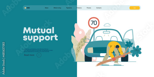 Mutual Support: Clearing an obstacle from the way -modern flat vector concept illustration of a man removing a fallen branch from the road A metaphor of voluntary, collaborative exchanges of services