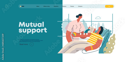 Mutual Support: Blood donation -modern flat vector concept illustration of a nurse and woman donating blood A metaphor of voluntary, collaborative exchanges of resource, services