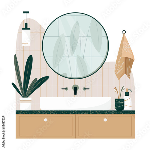 Bathroom interior design flat vector illustration. Bathroom cabinet with sink, mirror, bathroom furniture, accessories and plants. Japandi or Scandinavian interior style isolated on white