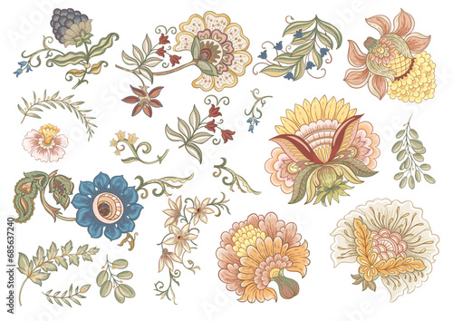 Fantasy flowers in retro, vintage, jacobean embroidery style. Millefleurs trendy floral design. Clip art, set of elements for design Vector illustration.