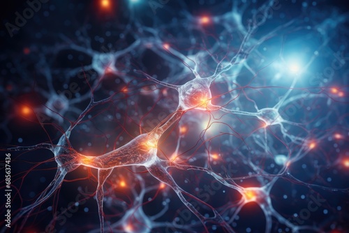 Neuron cell, 3D illustration, computer generated, abstract background, Artificial intelligence, connections, and nucleus in the concept of interconnected neurons, AI Generated