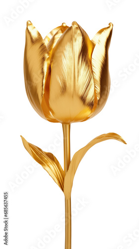 Golden tulip flower with stem and leaves isolated #685637455