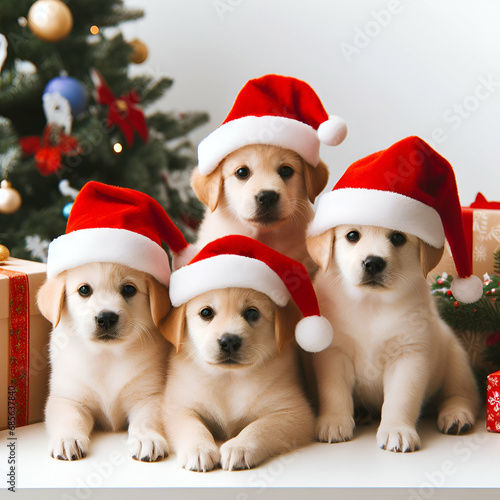 Cute puppies in santa hat and festive background © Tth