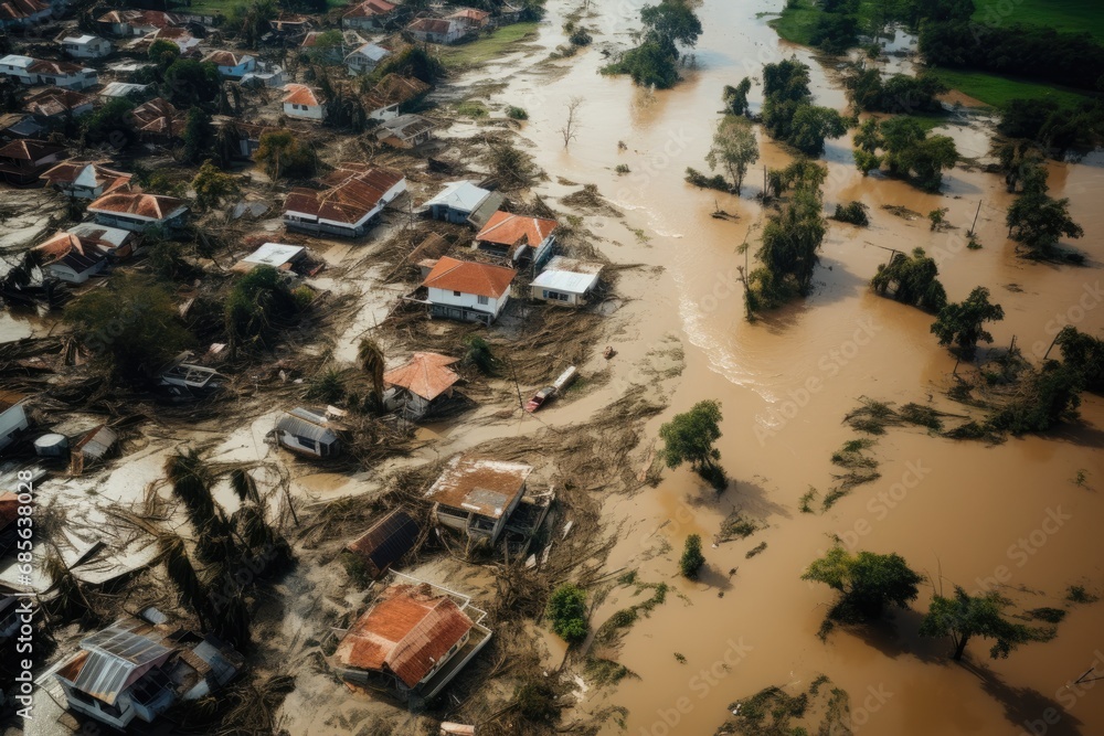 Aerial view of the village on the bank of the Mekong river, Aerial POV view depicting flooding, the devastation wrought after massive natural disasters, AI Generated Aerial view of the village on the bank of the Mekong river, Aerial POV view depicting flooding, the devastation wrought after massive natural disasters, AI Generated
