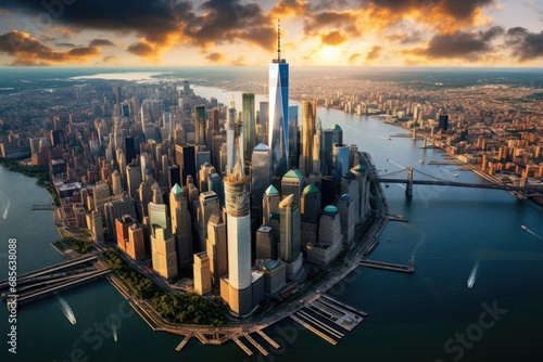 Aerial view of the New York City skyline with skyscrapers, Aerial view of lower Manhattan, New York City, AI Generated © Ifti Digital