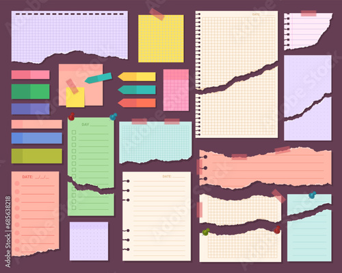 Vector paper sheets torn set. Different sheets with cells, lines and dots with round and square punch holes and sticky tape. Bullet journal paper. To do list sticky notes