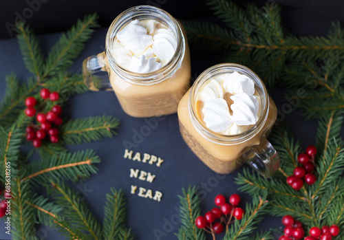 Christmas holiday background with hot cocoa marshmellou. The inscription Happy New Year. photo