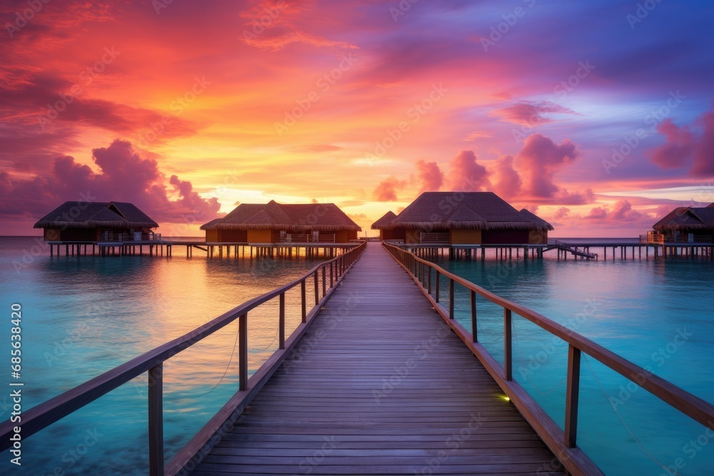Wooden jetty at sunset in tropical Maldives island with water bungalows, An amazing sunset landscape, Picturesque summer sunset in the Maldives, Luxury resort villas seascape, AI Generated