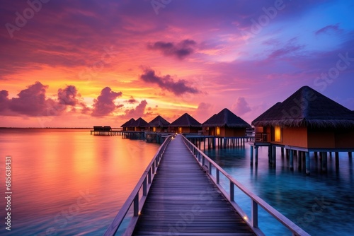 Beautiful sunset at Maldives island with water bungalows and beach, An amazing sunset landscape, Picturesque summer sunset in the Maldives, Luxury resort villas seascape with, AI Generated