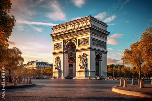 Arc de Triomphe in Paris, France. The Arc de Triomphe is a triumphal arch in Paris, France, Arc de Triomphe in Paris in the afternoon, AI Generated